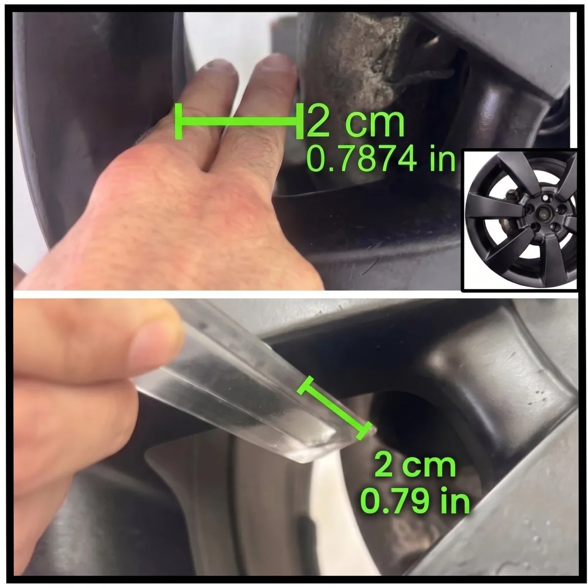 Medição de 2 cm de folga entre a pinça de freio e a roda, requisito para instalar a capa de pinça M3